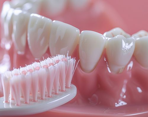 AI rendering of a closeup of dentures next to a pink and white toothbrush